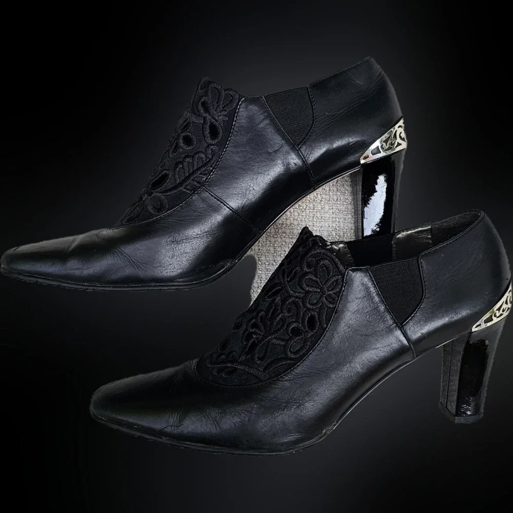 Brighton Black Leather Heeled Shoes with Lace Detail Silver Embellished 7.5 Med - Picture 8 of 11